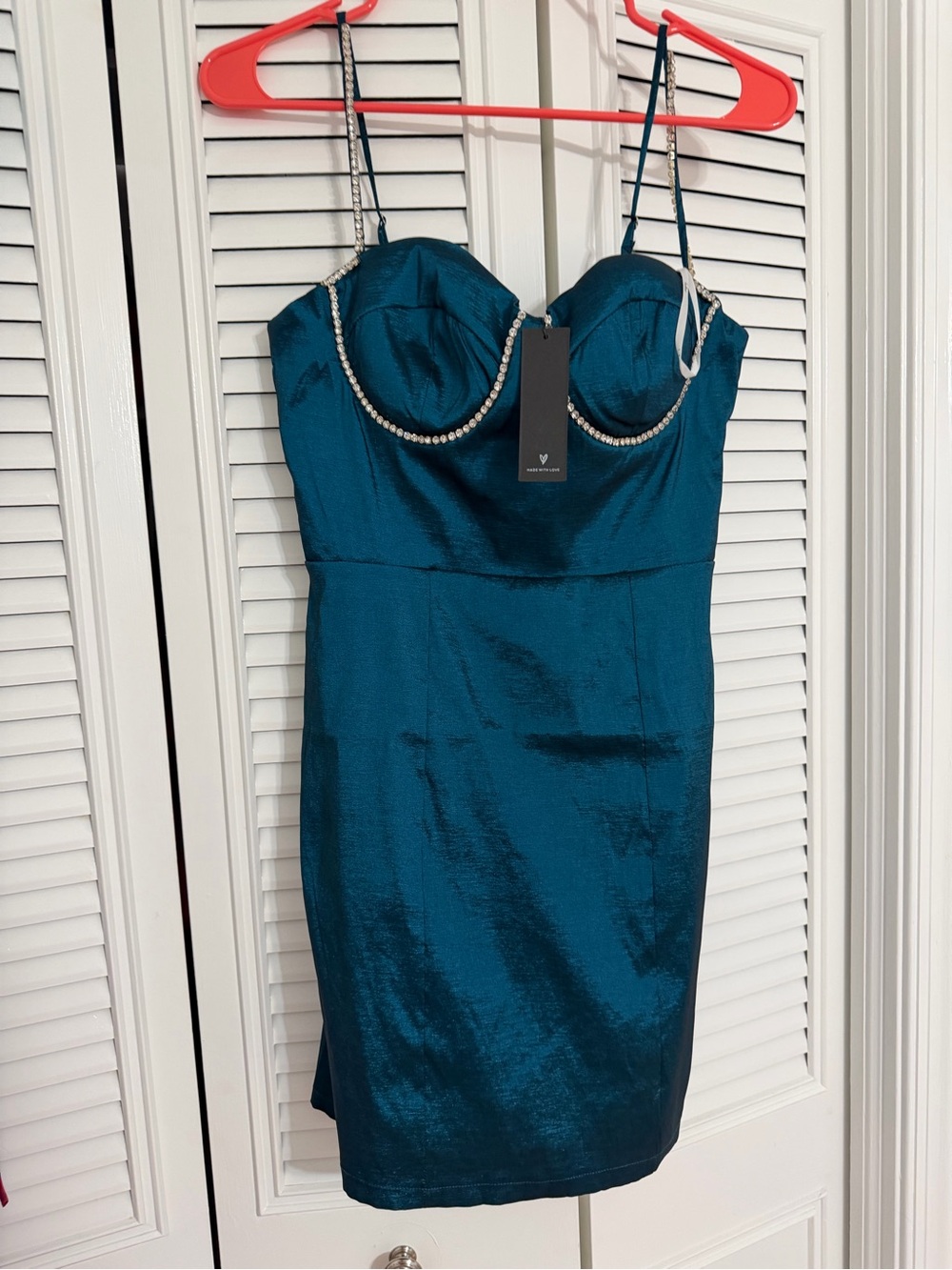 Lulu's Teal Satin Mini Dress with Beaded Straps
